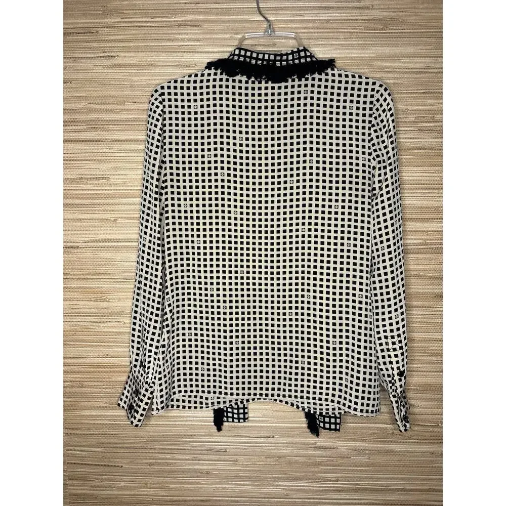 Tory Burch Silk Scarf Checkered Grid Fringe Blouse Sz 2